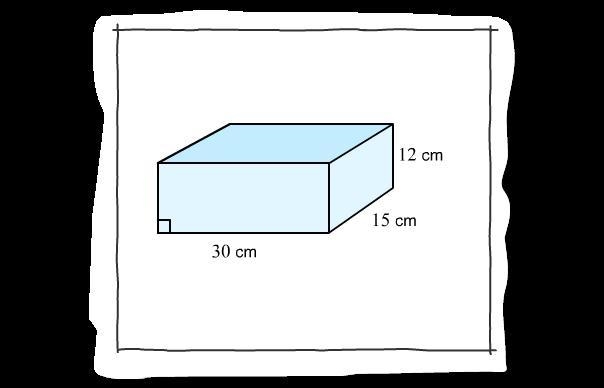 This shoebox is a right rectangular prism with dimensions of 30 cm by 15 cm by 12 cm-example-1