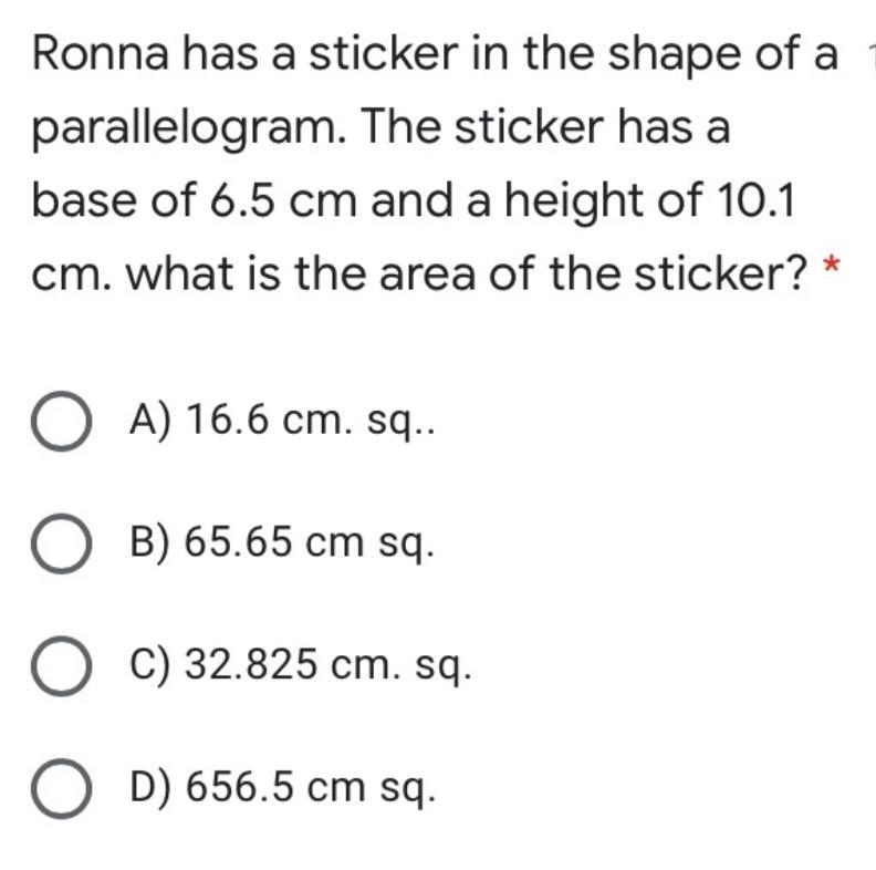 The sticker has a base of 6.5 cm and a height of 10.1 cm. What is the area of the-example-1