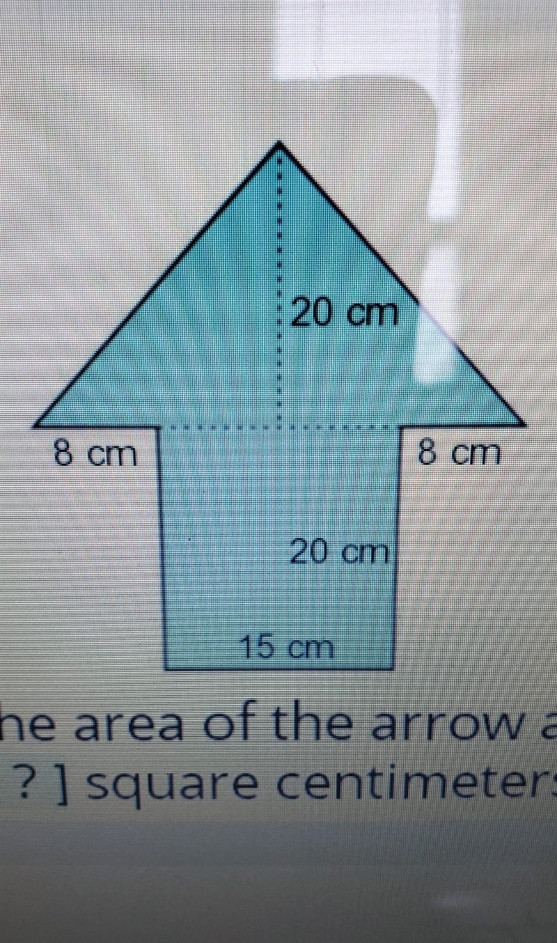 20 cm 8 cm 8 cm 20 cm 15 cm Find the area of the arrow above. (?] square centimeters-example-1