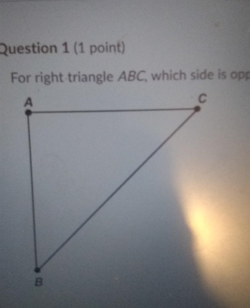 For right triangle ABC, which side is opposite to angle C? AB AC Hypotenuse BC​-example-1