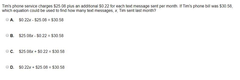 Tim's phone service charges $25.08 plus an additional $0.22 for each text message-example-1