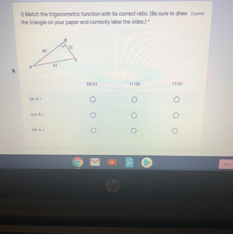 1) Match the trigonometric function with its correct ratio. (Be sure to draw 3 points-example-1