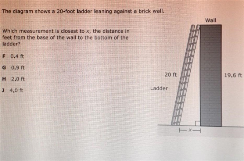 The diagram shows a 20-foot ladder leaning against a brick wall. Wall Which measurement-example-1