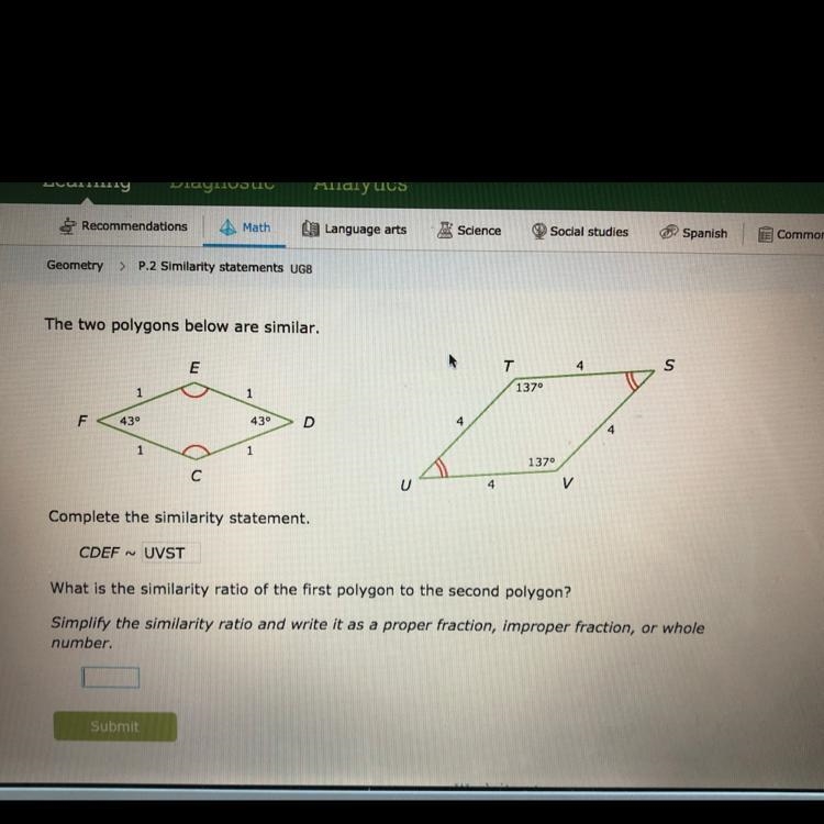 The two polygons below are similar. T 4 s E 137° 1 1 F 430 439 D ܫܕ 1 137° С U 4 V-example-1