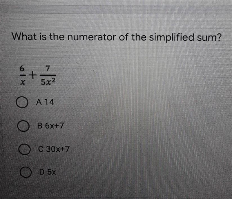 What is the numerator of the simplified sum? 6/x + 7/5x^2 ​-example-1