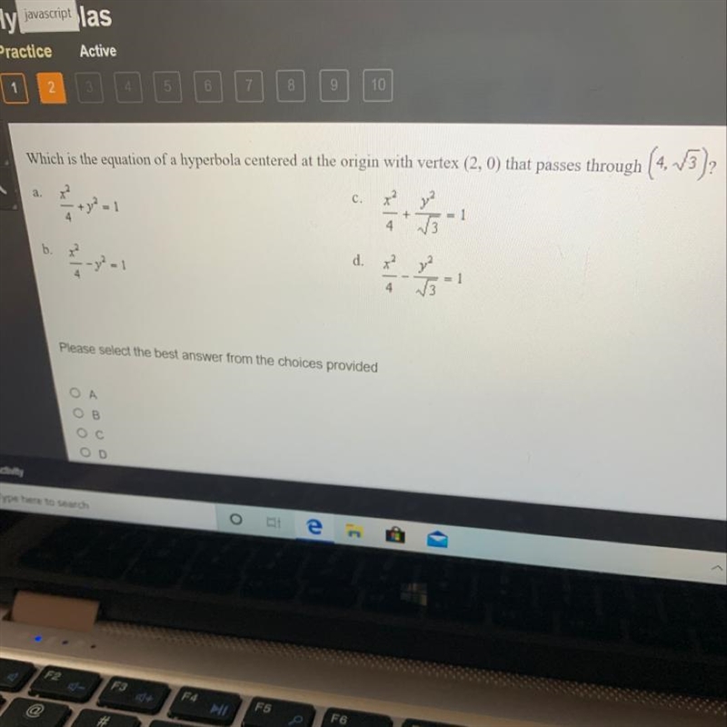 Which is the equation of a hyperbola centered at the origin with vertex (2, 0) that-example-1