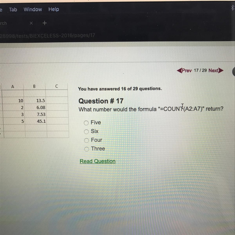 What number would the formula =COUNT (A2:A7) return-example-1