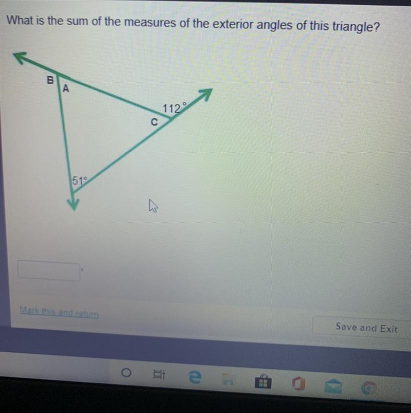 What is the sum of the measures of the exterior angles of this triangle?-example-1