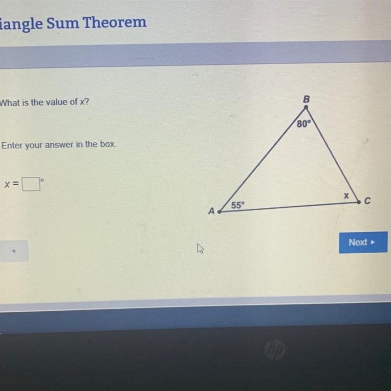 What is the value of x? B 80° Enter your answer in the box. x= Х А 55° с-example-1