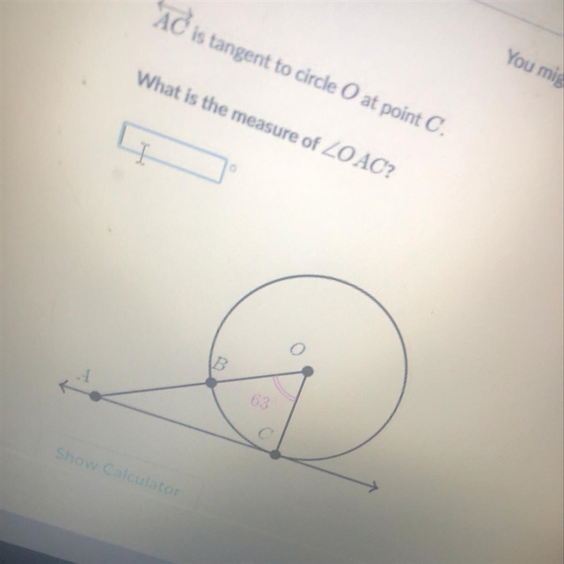 Ac is tangent to circle at point c what is the measure of oac?-example-1