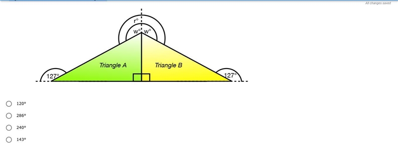 Angle r° = 2w°. What is the measure of angle r°? A. 120 degrees B. 286 degrees C. 240 degrees-example-1