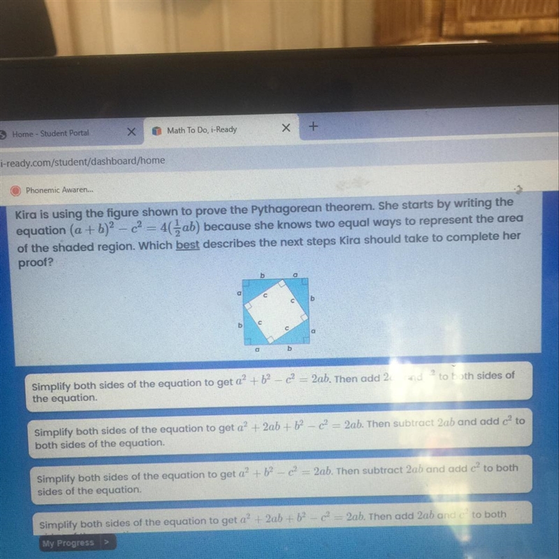 Kira is using the figure shown to prove the Pythagorean theorem. She starts by writing-example-1