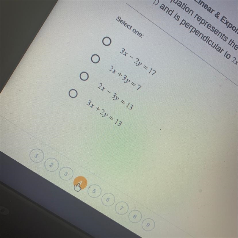 PLEASE HURRY Which equation represents the line that passes through the point (5, - 1) and-example-1