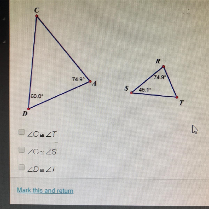 Which statements about the relationship between the two angles below are true? Check-example-1