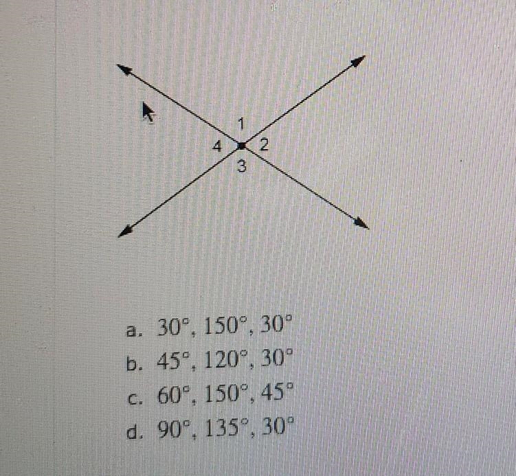 The measure of <1 is 150 degrees. What are the measures of <4, <3, and &lt-example-1