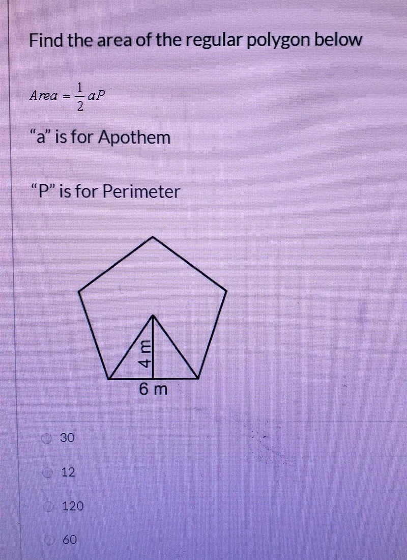 Find the area of the regular polygon below.. The diameter is 4 m and a side of 6m-example-1