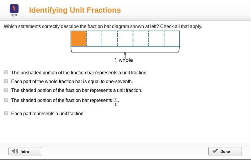 Which statements correctly describe the fraction bar diagram shown at left? Check-example-1