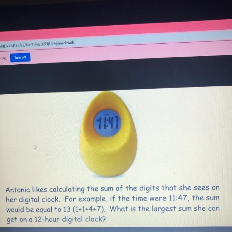 Antonia likes calculating the sum of the digits that she sees on her digital clock-example-1