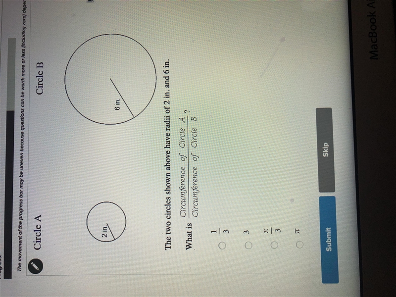 The two circles shown above have radii of 2 in. and 6 in. What is a circum A over-example-1