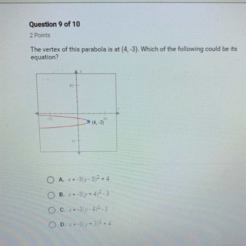 The vertex of this parabola is at (4,-3). Which of the following could be its equation-example-1