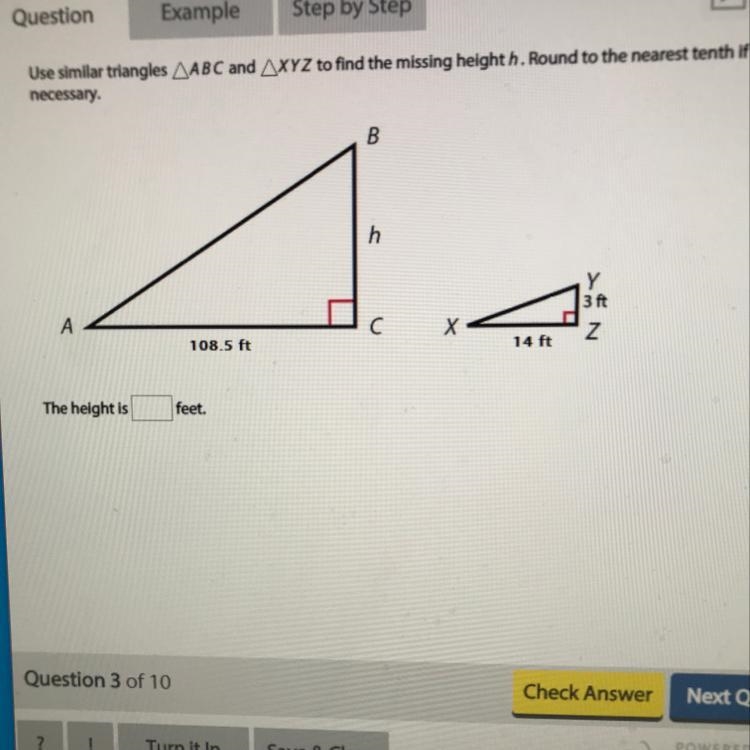 Use similar triangles ABC and XYZ to find the missing height h. around to the nearest-example-1