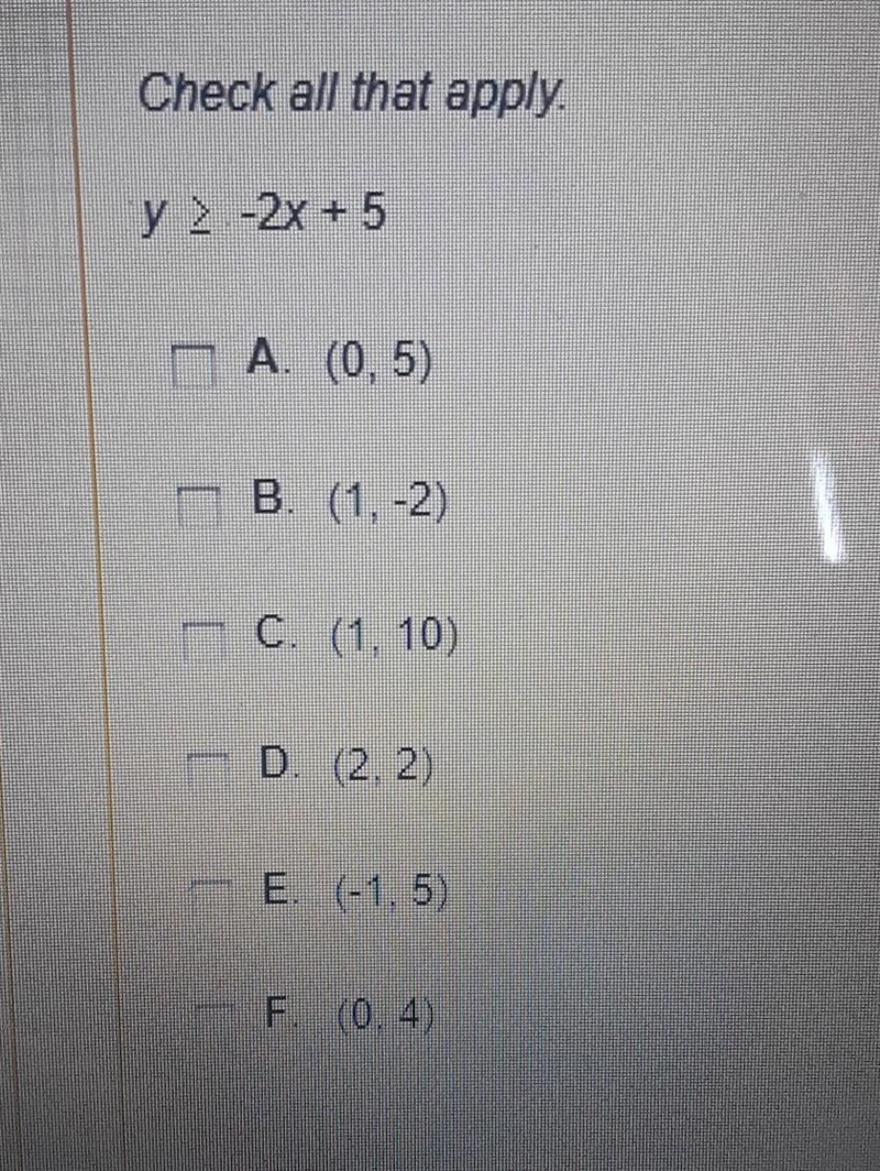 Which of the following points are solutions to the inequality below check all that-example-1