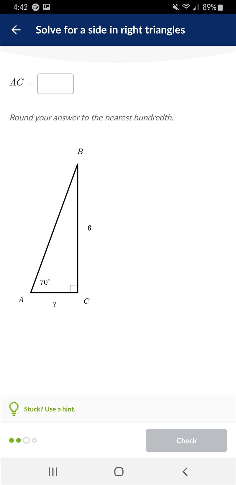 Solve for a side in right triangles-example-1