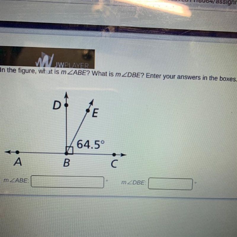 In the figure, what is m ZABE? What is m ZDBE? Enter your answers in the boxes. D-example-1