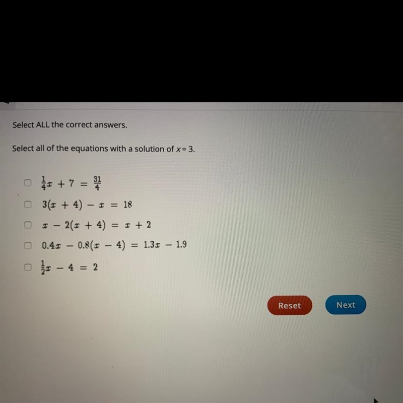 Select all of the equations with a solution of x=3 Select ALL the correct answers-example-1