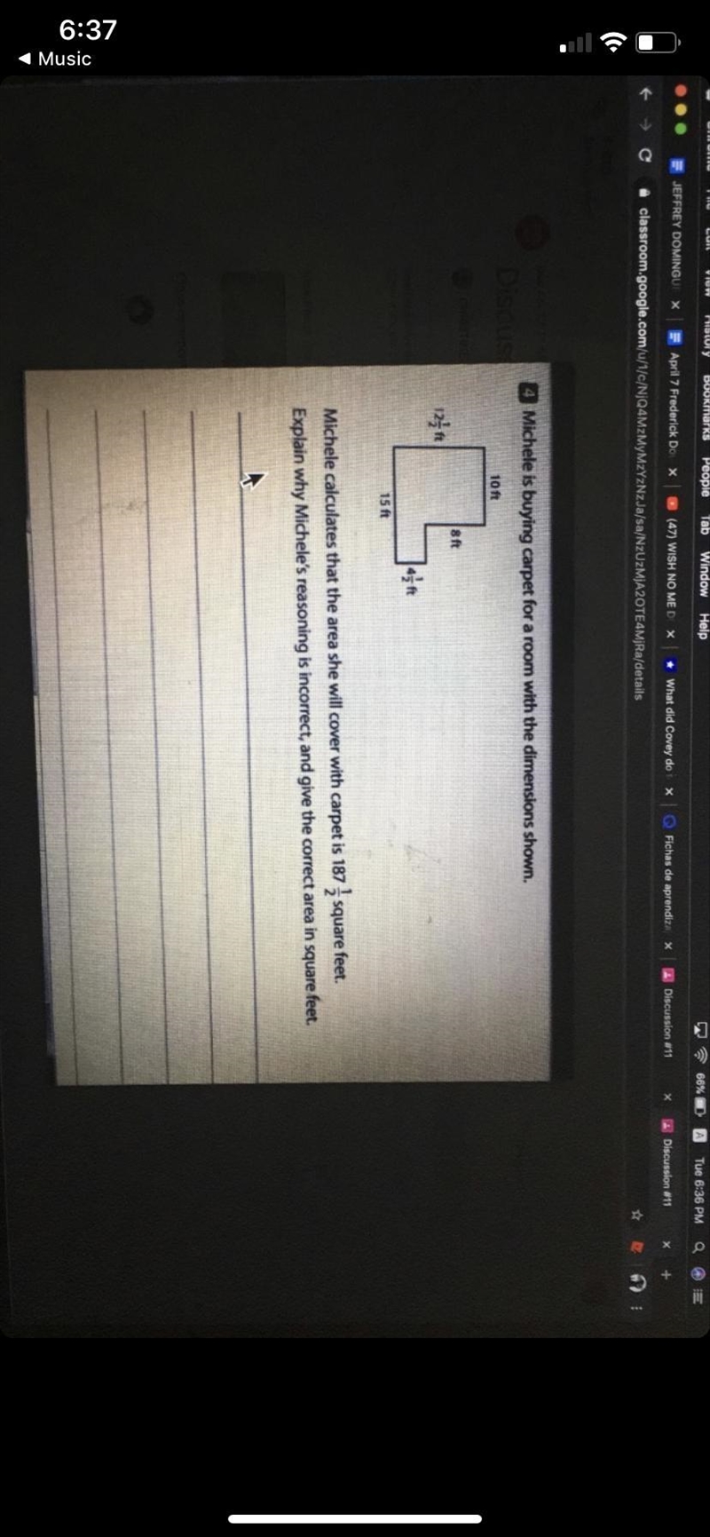 Michelle is buying carpet for a room with the dimensions shown. Michelle calculates-example-1