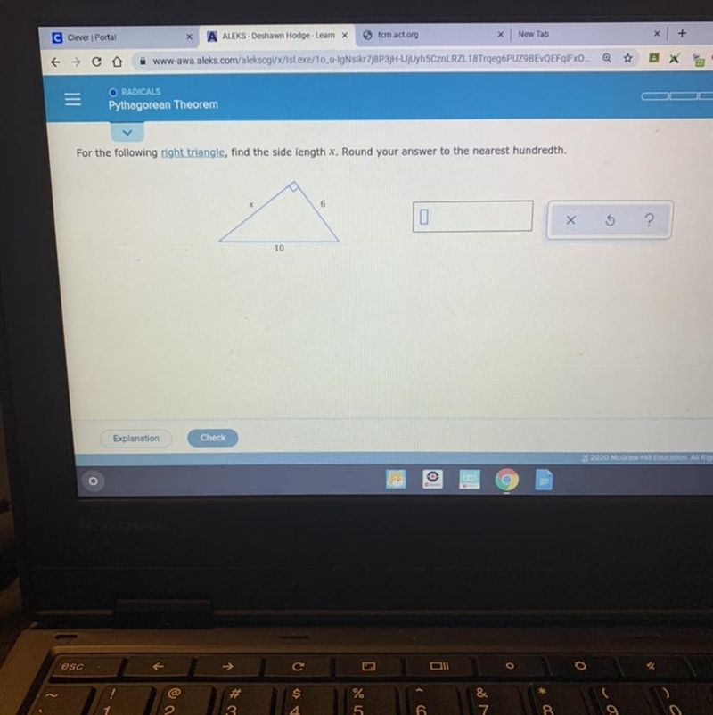 For the following right triangle, find the side length . Round your answer to the-example-1