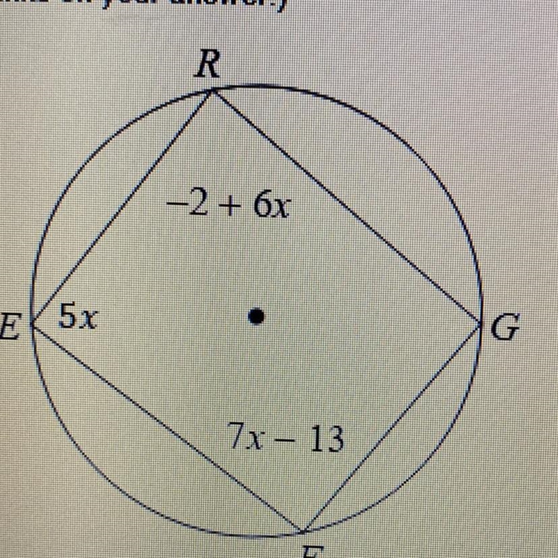 Quadrilateral ERGF is inscribed in a circle Find the measure of angle E (Remember-example-1