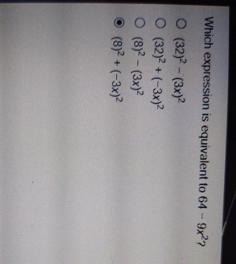 Which expression is equivalent to 64 - 9x^2?​-example-1