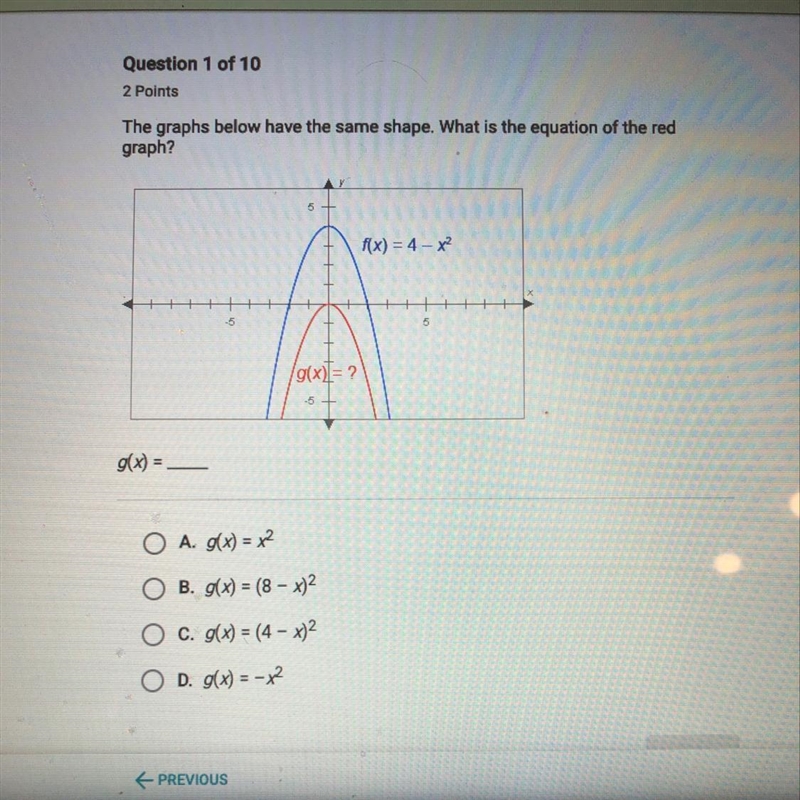 The graphs below have the same shape. What is the equation of the red graph?-example-1