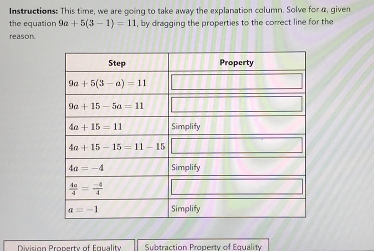 This time,we are going to take away the explanation column. Solve for a, given the-example-1