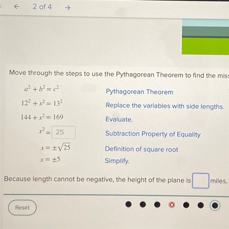 Because the length cannot be negative the height of the plane is ___ miles. ???????????????? ???????????????? ???????????????? ???????????????? ???????????????? ???????????????? ????????????????-example-1