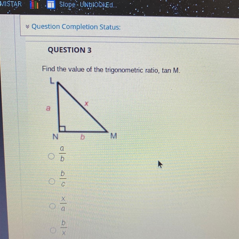 Find the value of the trigonometric ratio, tan M.-example-1