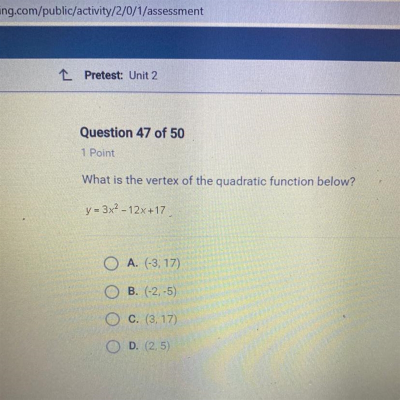 What is the vertex of the quadratic function below? y = 3x2 - 12x+17-example-1