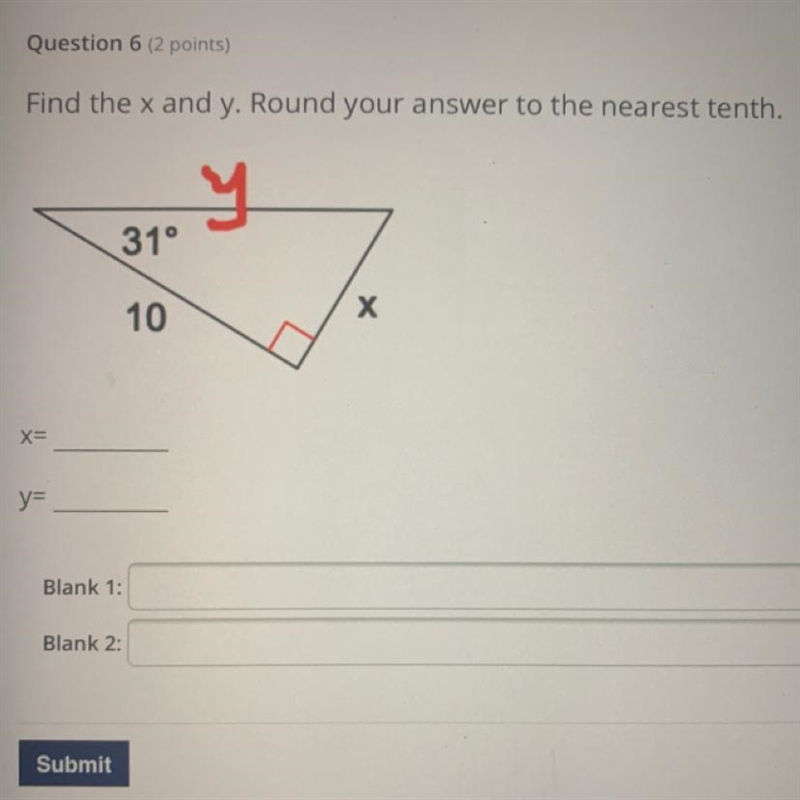 Find x & y round answer to the nearest tenth. Someone please help meeeee-example-1