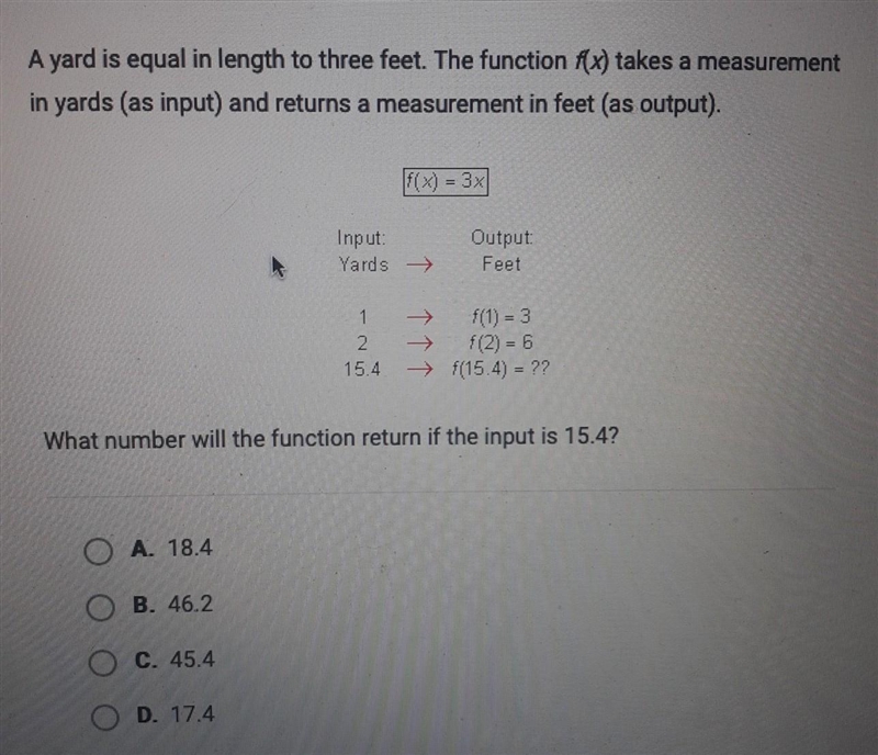 a yard is equal in lenght to three feet. The function f(x) takes a measurement in-example-1