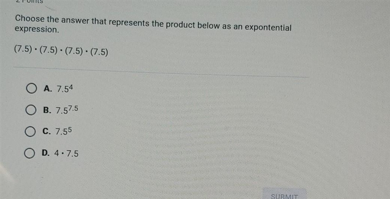 Choose the answer that represents the product below as an expontential expression-example-1