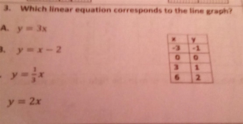 3. Which linear equation corresponds to the line graph? Ay=3x B. y=x-2 c. y = 1/² P-example-1