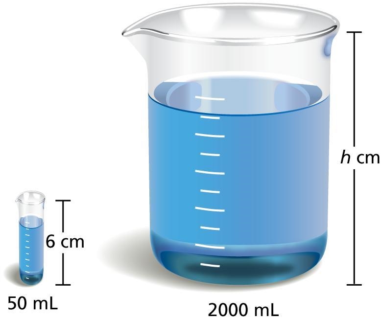 The height of the 50 -milliliter beaker is one-third the height of the 2000 -milliliter-example-1