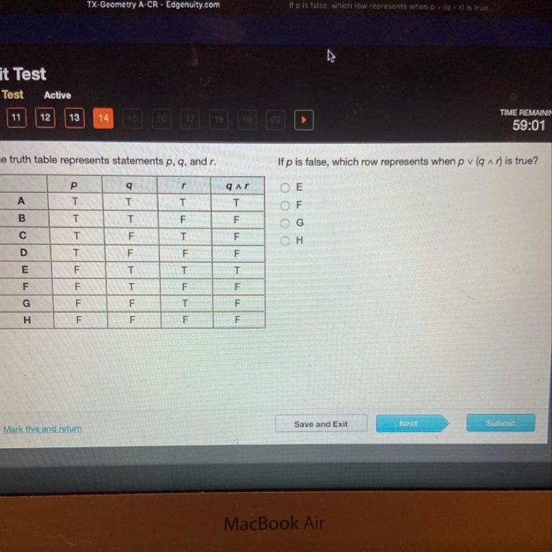 The truth table represents statements p, q, and r. If p is false, which row represents-example-1