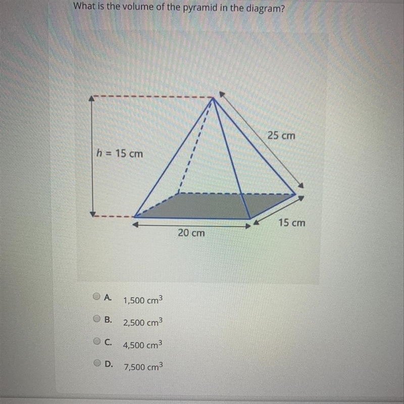 What is the volume of the pyramid in the diagram? A.1,500cm3 B.2,500cm3 C.4,500cm-example-1