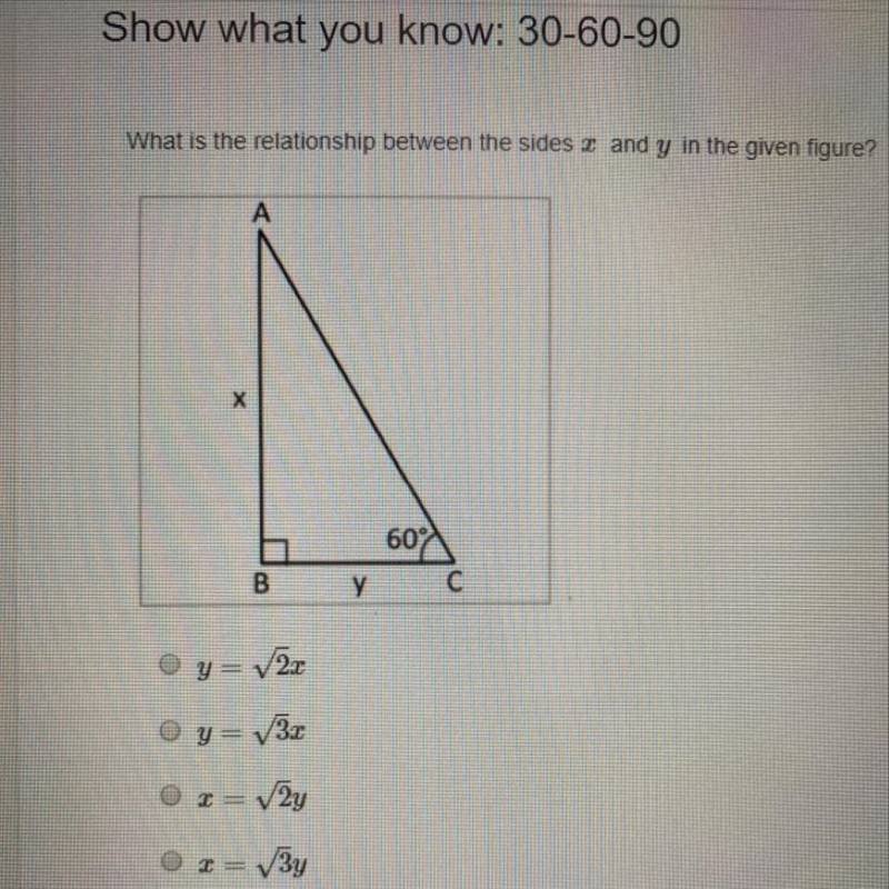 What is the relationship between the sides x and y in the given figure?-example-1