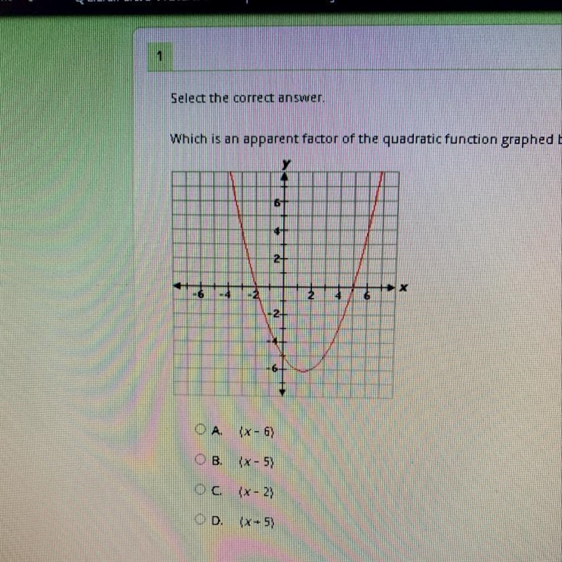 Which is an apparent factor of the quadratic function graphed below-example-1