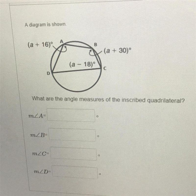 Help me, please What are the measures of the angles of the inscribed quadrilateral-example-1