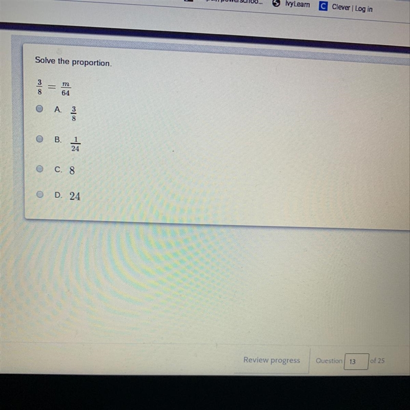 Solve the proportion. 3/8=m/64-example-1