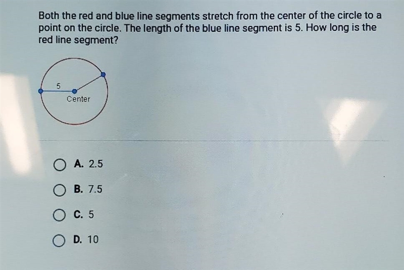 both the red and blue line segments stretch from the center of the circle to a point-example-1